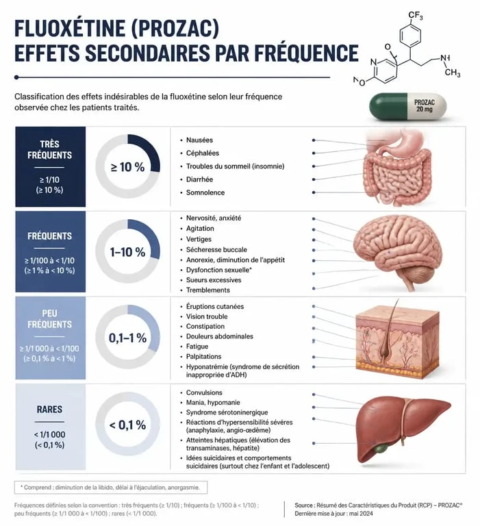Infographie des effets secondaires du Prozac classés par fréquence de survenue