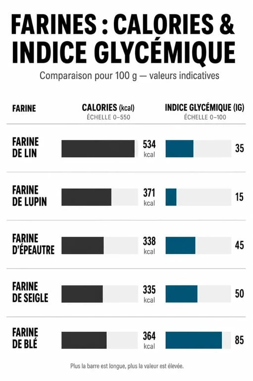 Comparatif nutritionnel des farines : calories et indice glycémique pour choisir la farine la moins calorique