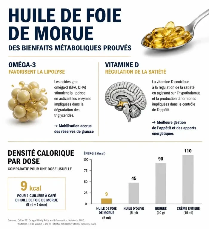Infographie sur les bienfaits métaboliques et l'apport calorique de l'huile de foie de morue pour la gestion du poids