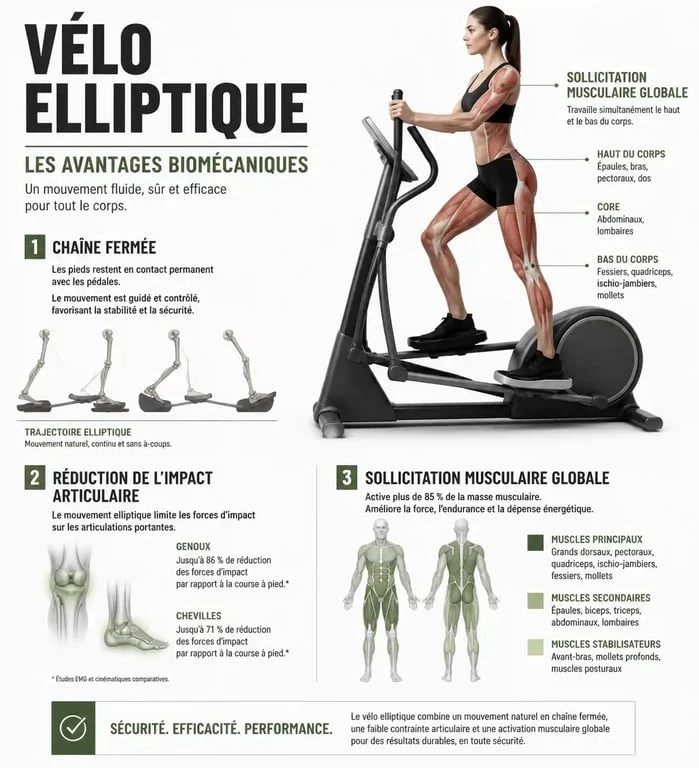 Infographie des bienfaits du vélo elliptique avis kiné