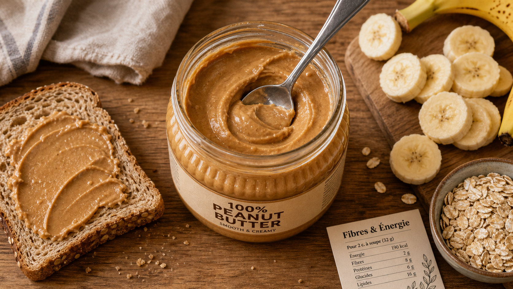 Nutrition beurre de cacahuetes : pot et tartine, 588 kcal pour 100 g