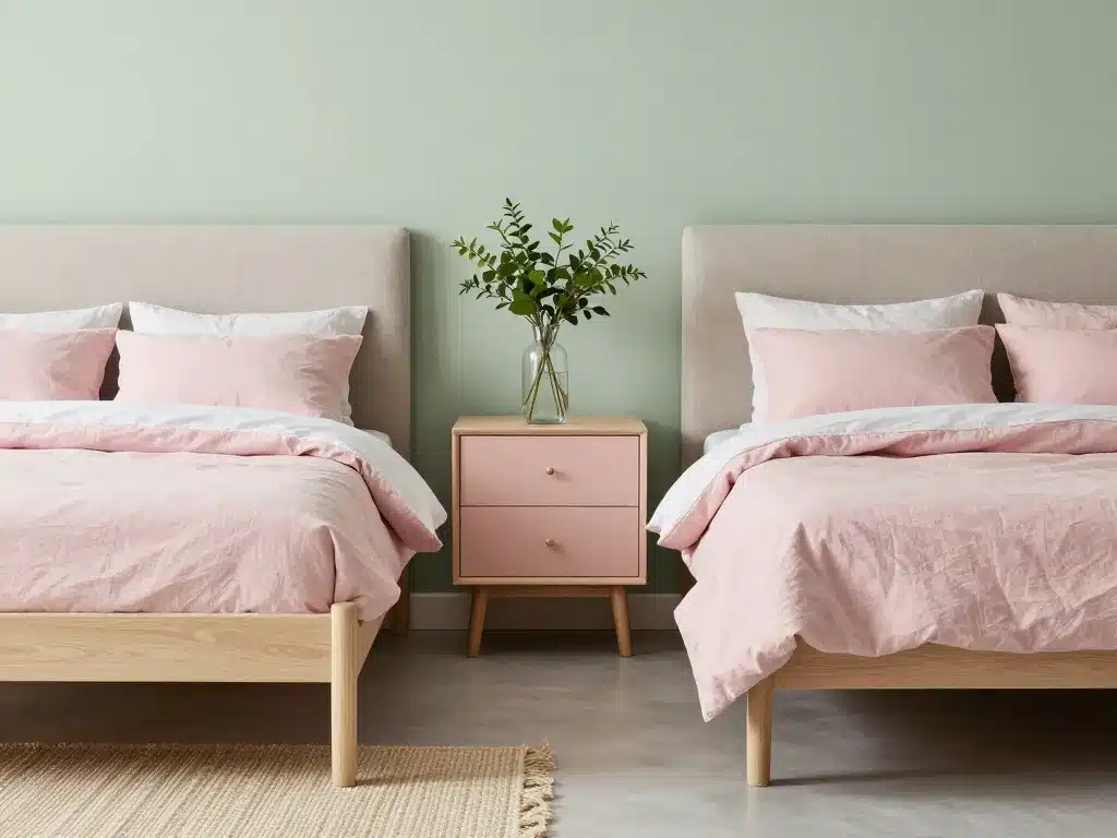 Mobilier et matières chambre vert sauge et rose minimaliste