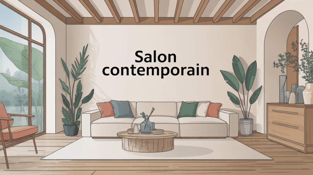 Illustration salon contemporain lumière bois canapé design