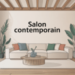 Illustration salon contemporain lumière bois canapé design