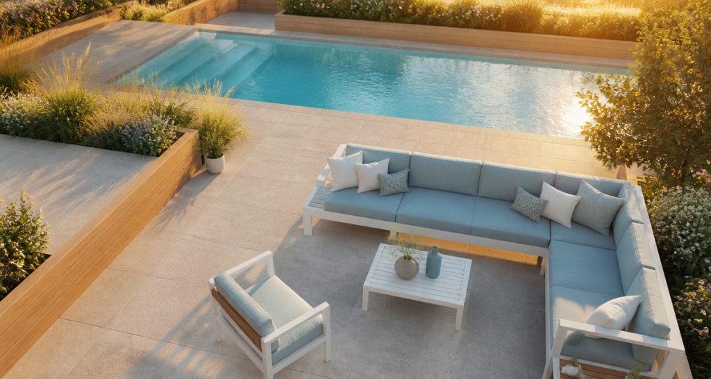 Carrelage terrasse moderne gris et piscine