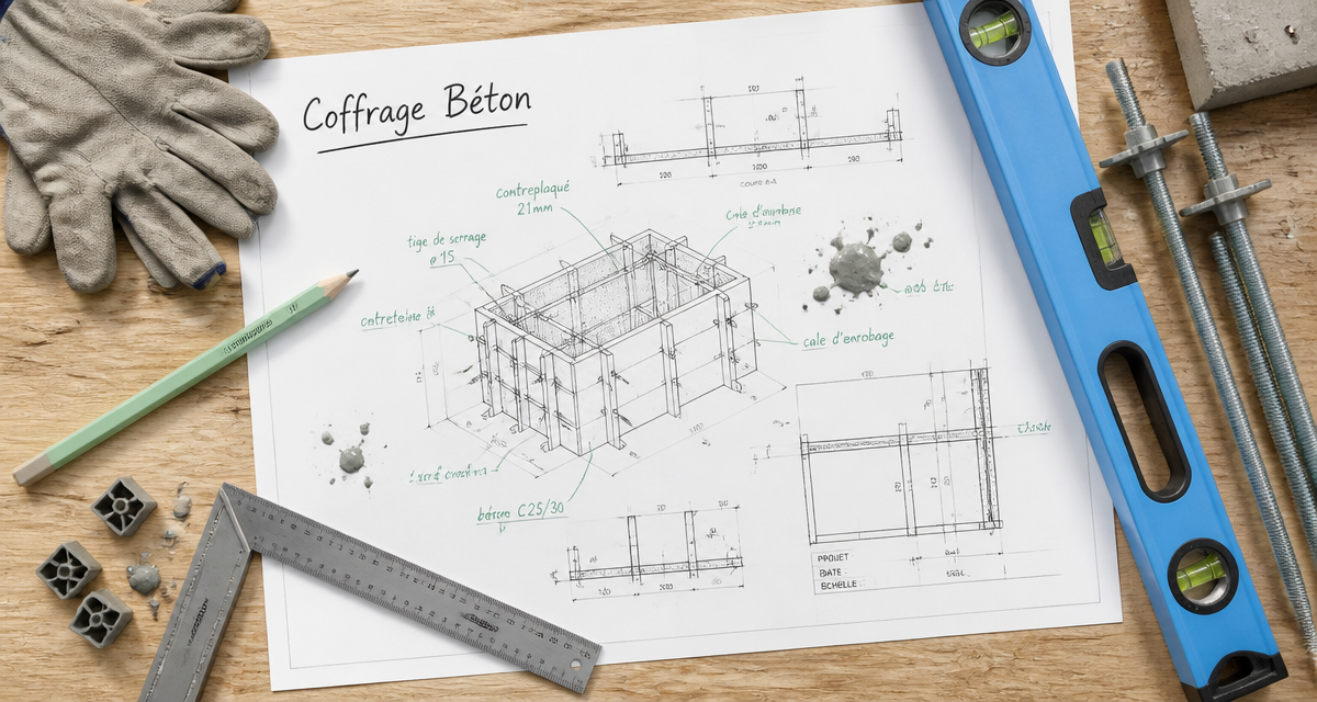 Coffrage mur avec outils, plans et accessoires sur établi