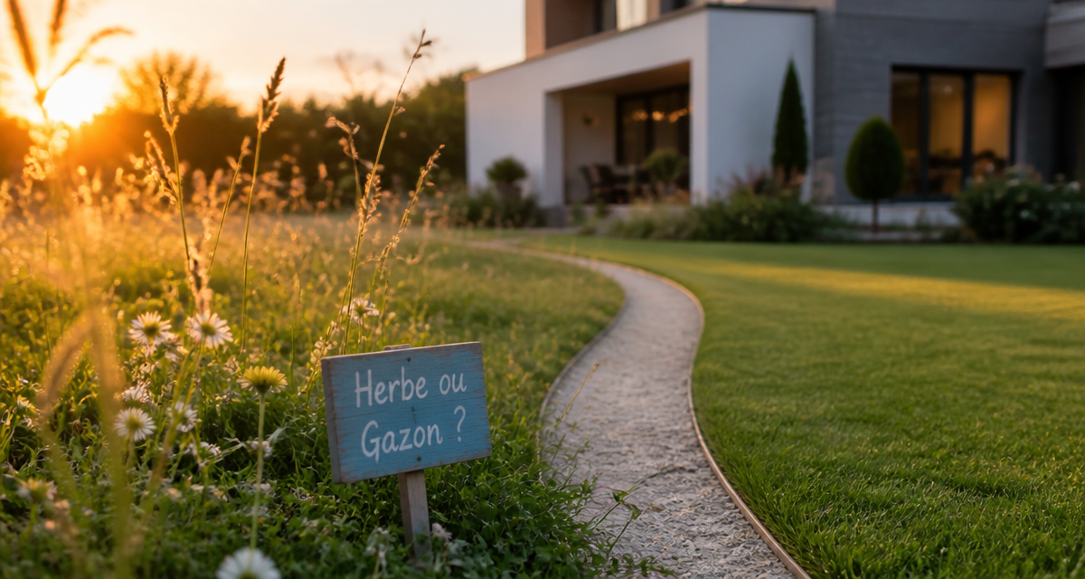 herbe ou gazon, jardin partagé au coucher du soleil