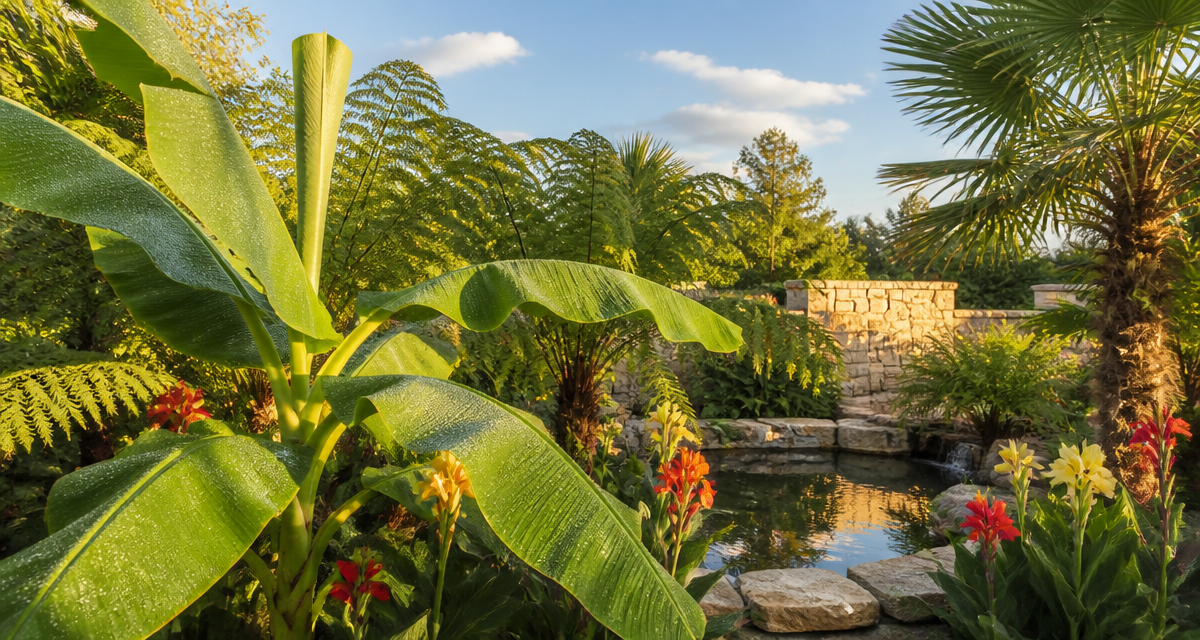 jardin tropic avec bananiers et palmiers
