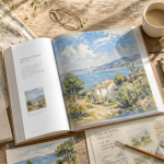 livre sur peintre ouvert sur table d'artiste