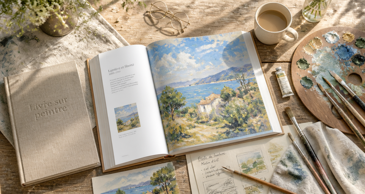 livre sur peintre ouvert sur table d'artiste