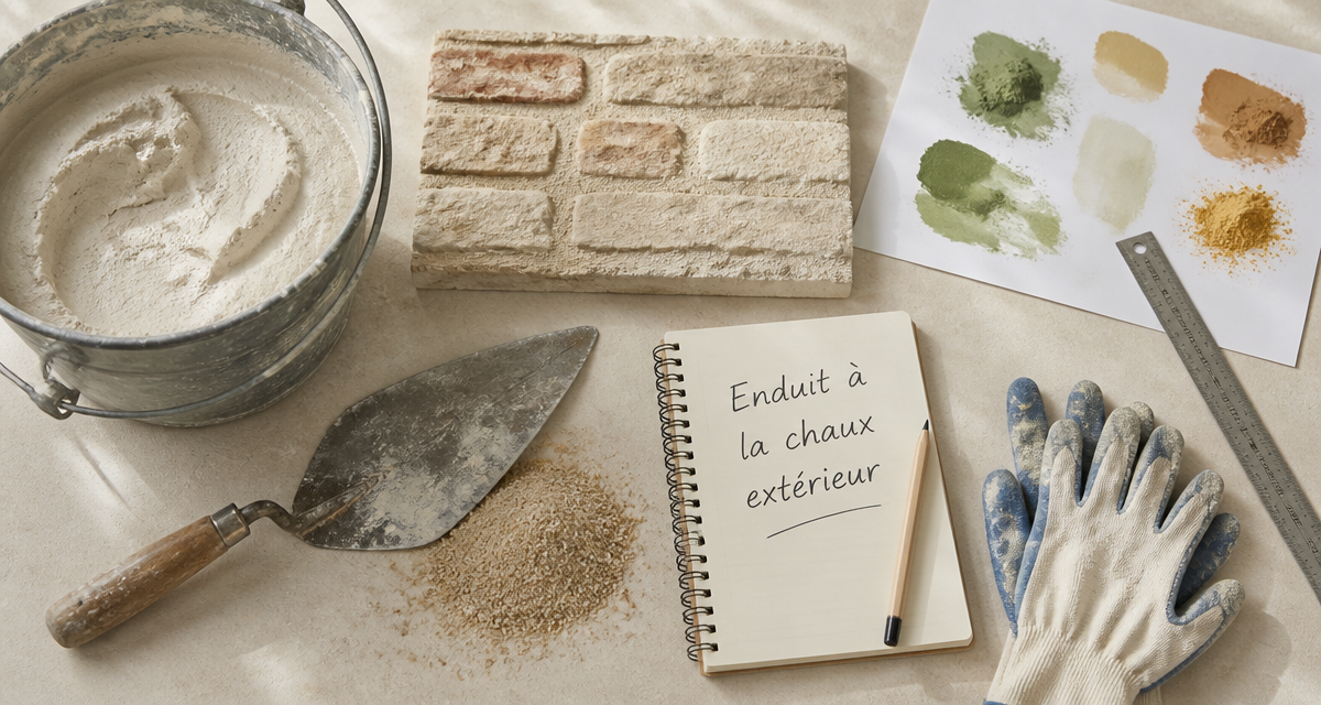 Mur à la chaux extérieur avec outils et matériaux