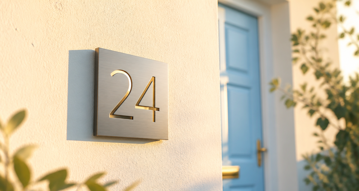 numero de maison design inox sur façade blanche au soleil