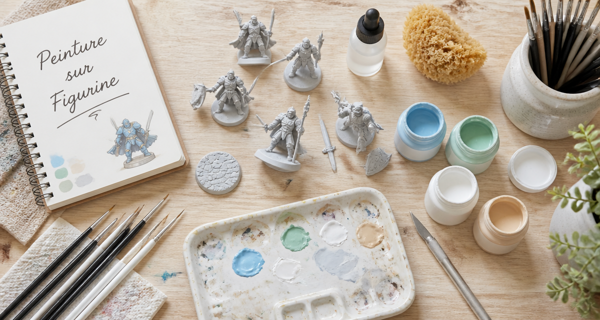 Matériel peinture figurine sur établi lumineux