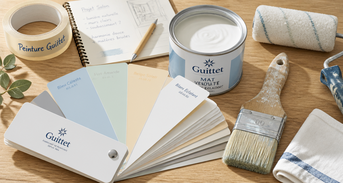 peinture guittet nuancier et outils sur table