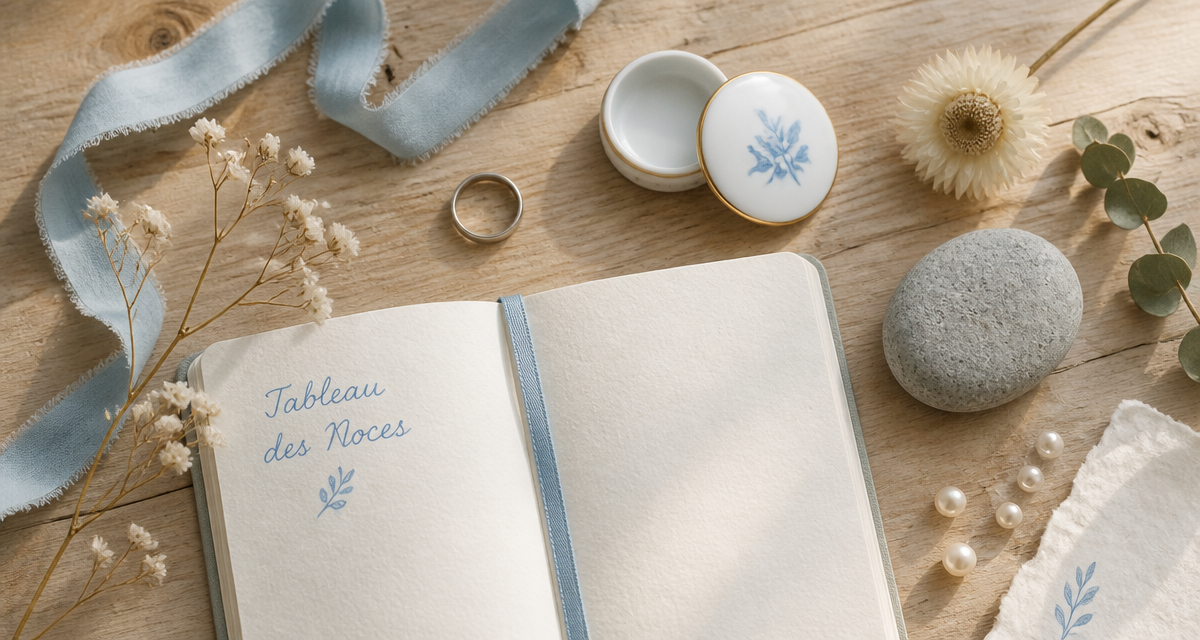 tableau des noces de mariage sur table bois clair