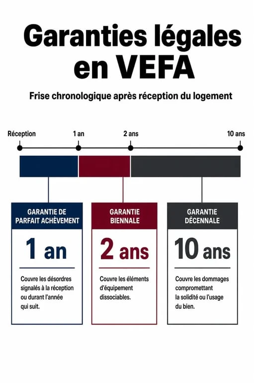 Infographie des garanties légales en VEFA pour les nouveaux constructeurs et malfaçons