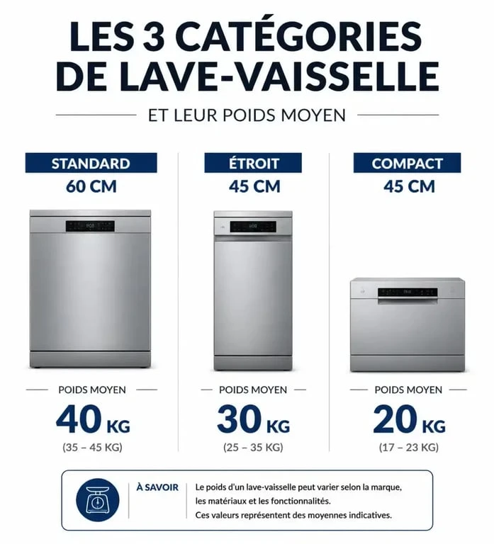 Infographie du poids moyen d'un lave-vaisselle selon sa taille : standard, étroit ou compact