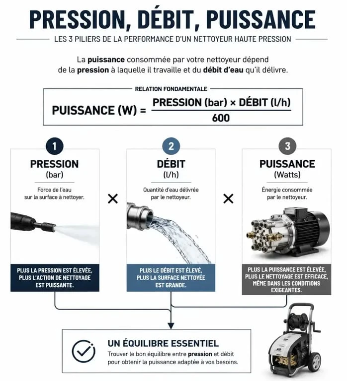Infographie explicative sur la puissance idéale pour un Karcher : relation entre pression, débit et puissance moteur.