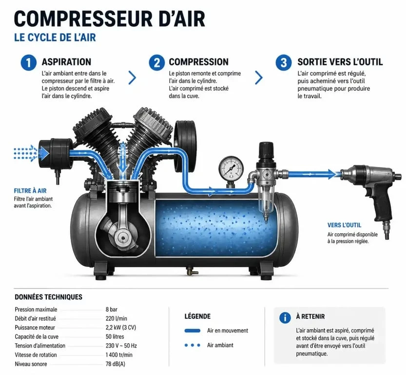 Schéma de fonctionnement d'un compresseur d'air pour comprendre à quoi sert un compresseur