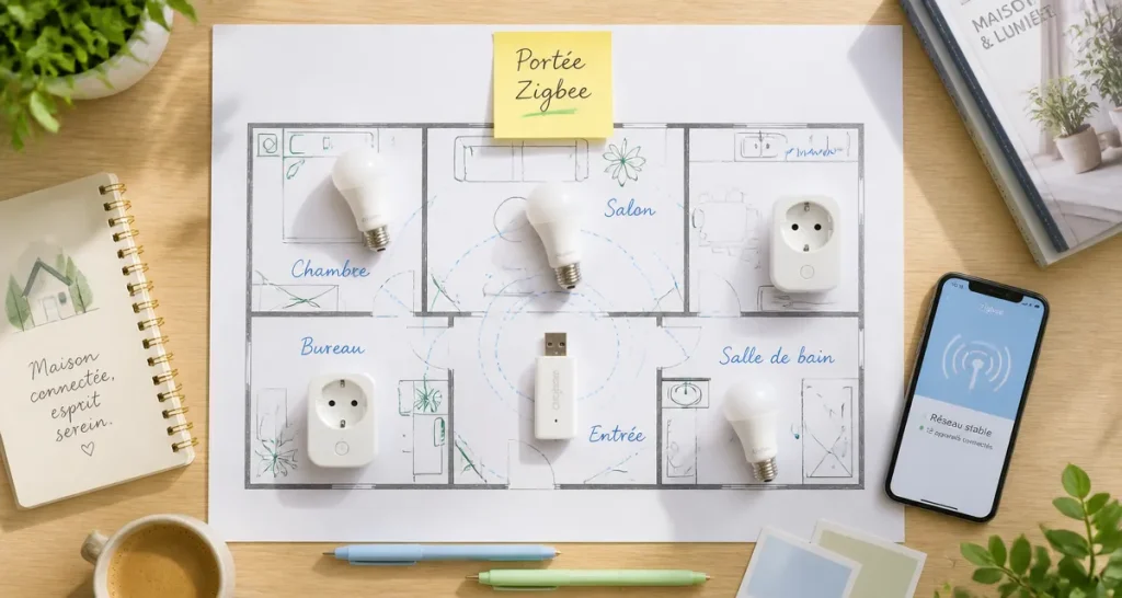 Portée Zigbee illustrée sur plan de maison