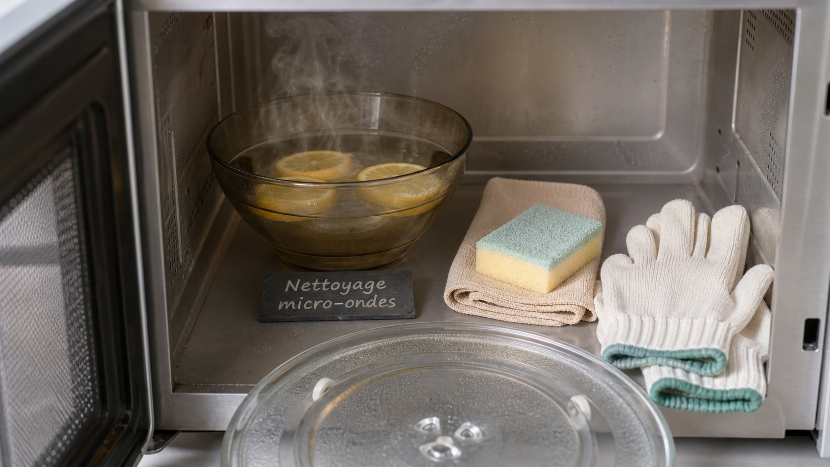 Nettoyage micro onde à la vapeur de citron : bol fumant et microfibre
