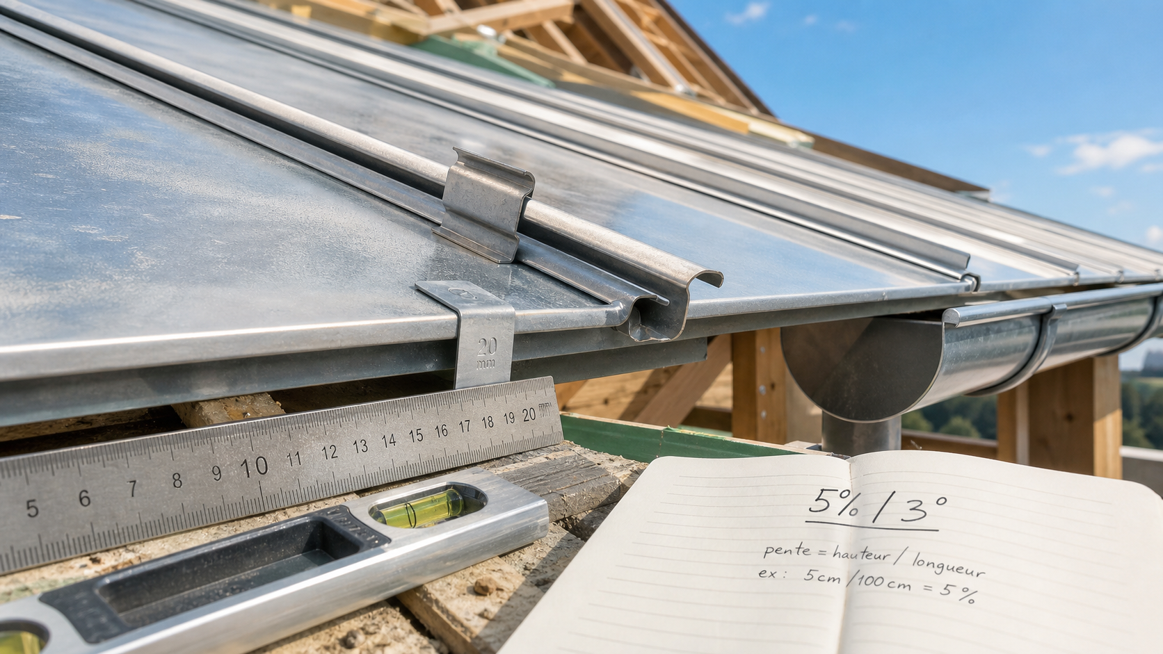 Pente toiture zinc 5 % avec joints debout : détail et contrôle