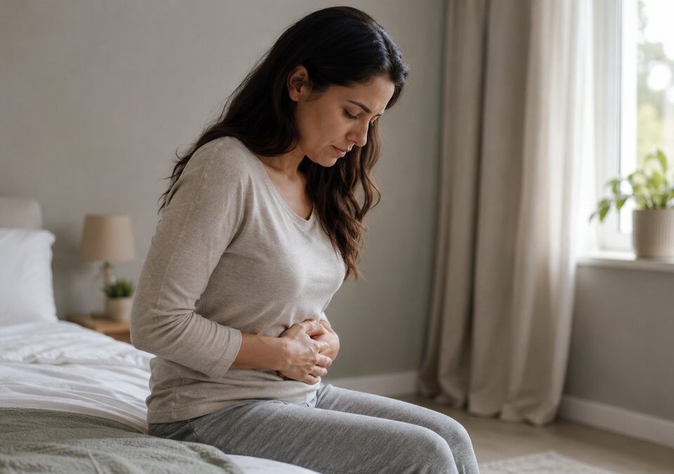 Donna seduta sul bordo del letto con le mani appoggiate sul ventre, immagine simbolica dell’infertilità femminile