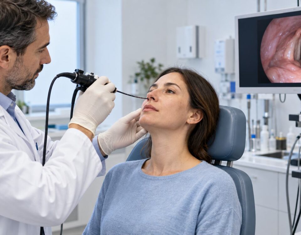 otorinolaringoiatra inserisce un sondino nel naso al paziente durante l'esame di fibrolaringoscopia
