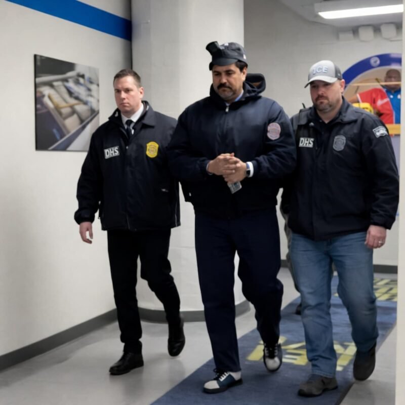 Captura de Nicolás Maduro escoltado por agentes de seguridad durante un operativo de traslado.