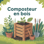 composteur en bois entouré de plantes dans jardin
