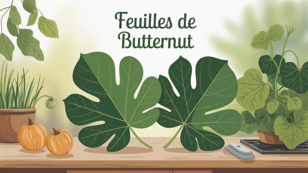 illustration feuille de butternut grande verte sur table cuisine et potager