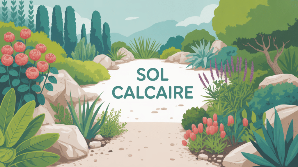 illustration sol calcaire jardin avec plantes adaptées