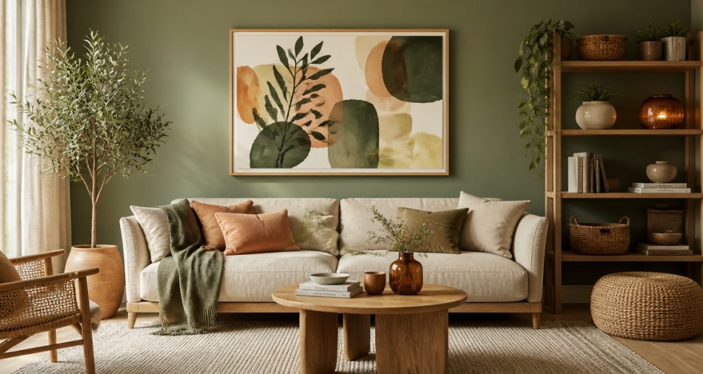 decoration murale vert sauge avec tableau japandi