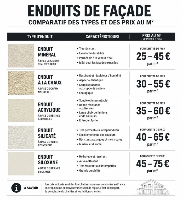 Tableau comparatif des prix de l'enduit au m2 selon la finition