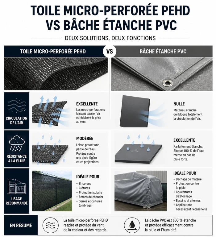 Comparatif des bâches d'ombrage : toile micro-perforée PEHD vs bâche étanche PVC pour terrasse