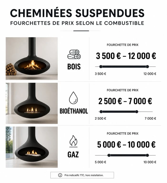 Comparatif des prix des cheminées suspendues selon le combustible : bois, bioéthanol et gaz
