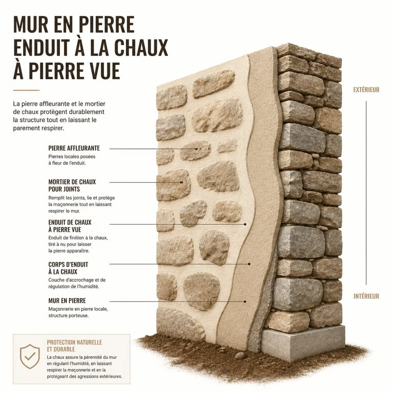 Schéma technique d'un enduit pierre vue sur mur ancien