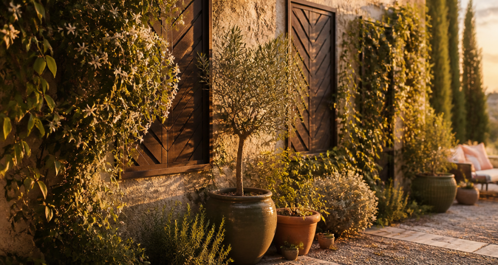 idee pour cacher un mur exterieur avec plantes et panneaux