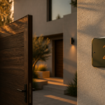 numero de maison design sur portail bois et mur contemporain