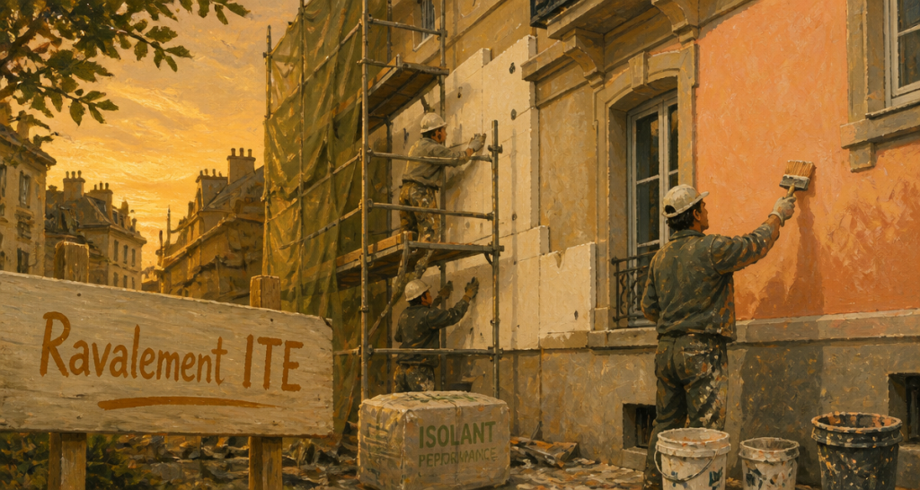 Ravalement ITE immeuble échafaudage ouvriers
