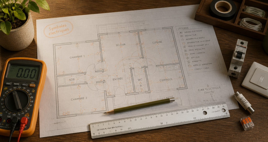 symbole schéma électrique sur plan d'électricien