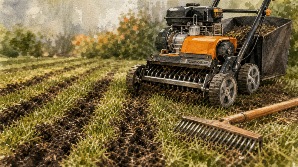 À quoi sert un scarificateur : pelouse scarifiée 4 mm, feutrage retiré, meilleure aération
