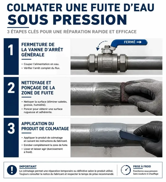 Étapes pour colmater une fuite d'eau sous pression : guide visuel de réparation
