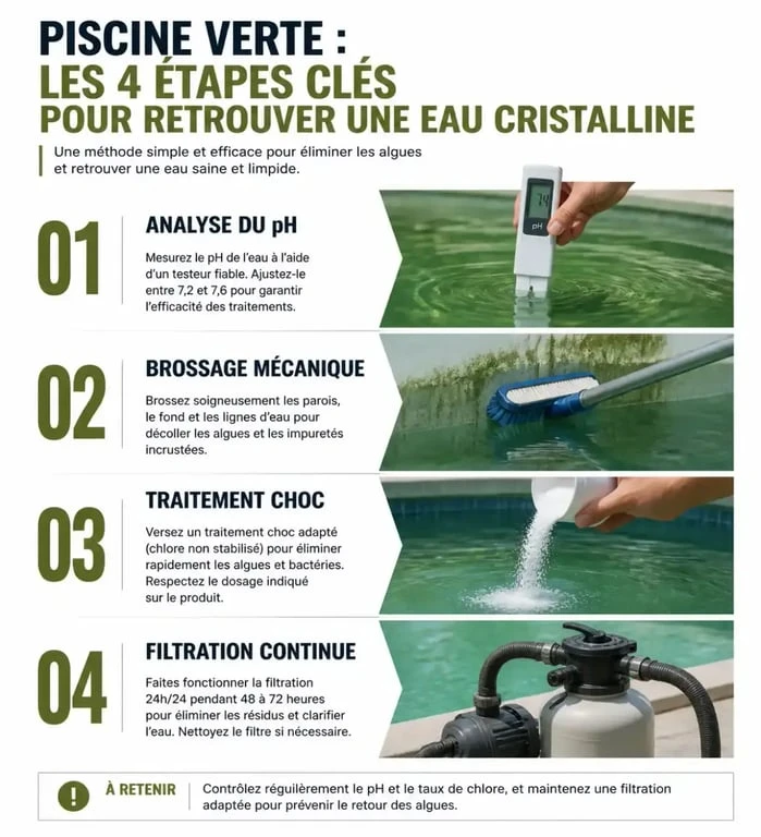 Infographie des étapes pour nettoyer une piscine verte et retrouver une eau limpide