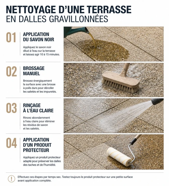 Étapes pour nettoyer des dalles gravillonnées noircies : application, brossage et protection