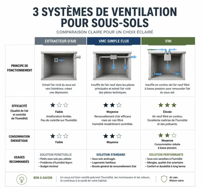 Comparatif des systèmes de ventilation mécanique pour sous-sol : extracteur, VMC et VMI pour une meilleure qualité d'air.