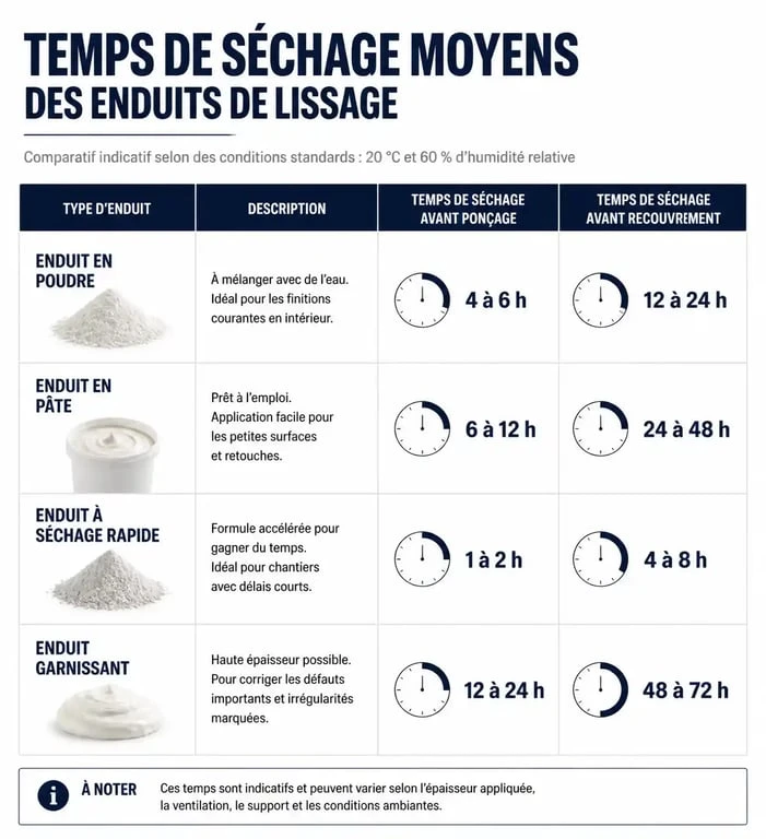 Tableau comparatif des temps de séchage de l'enduit de lissage avant ponçage