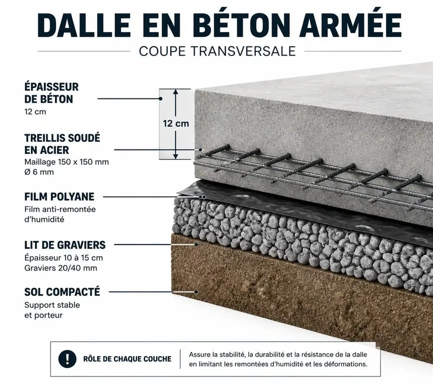 Schéma en coupe d'une dalle en béton armé montrant les couches techniques
