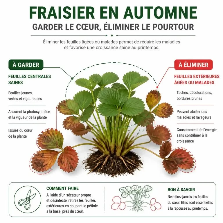 Schéma explicatif de la taille des feuilles de fraisiers avant l'hiver