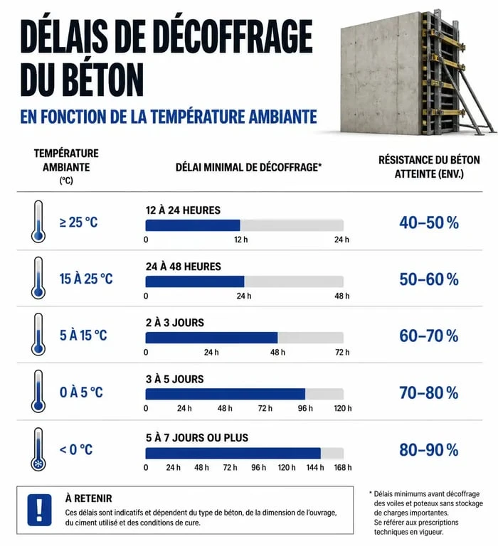 Infographie des délais de décoffrage pour coffrage mur en béton selon la température